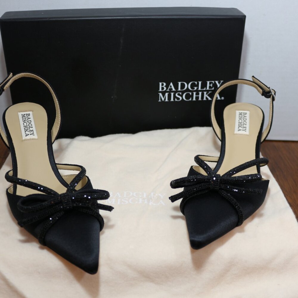 Badgley Mischka Angelina Satin Rhinestone Embellished Bow Slingback Pumps.
